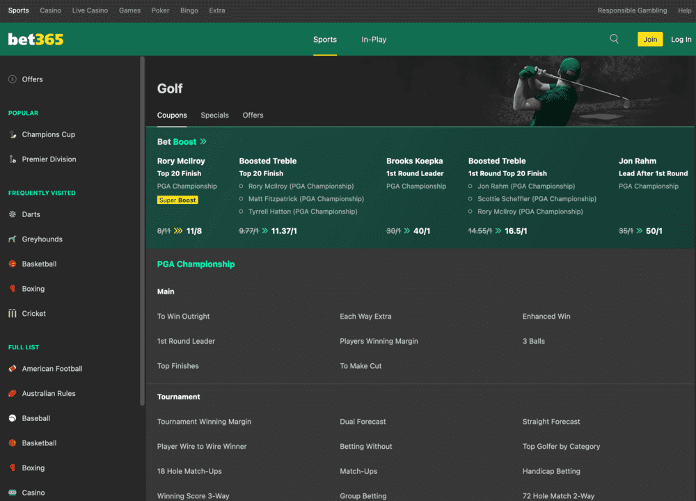 bet365's Golf betting