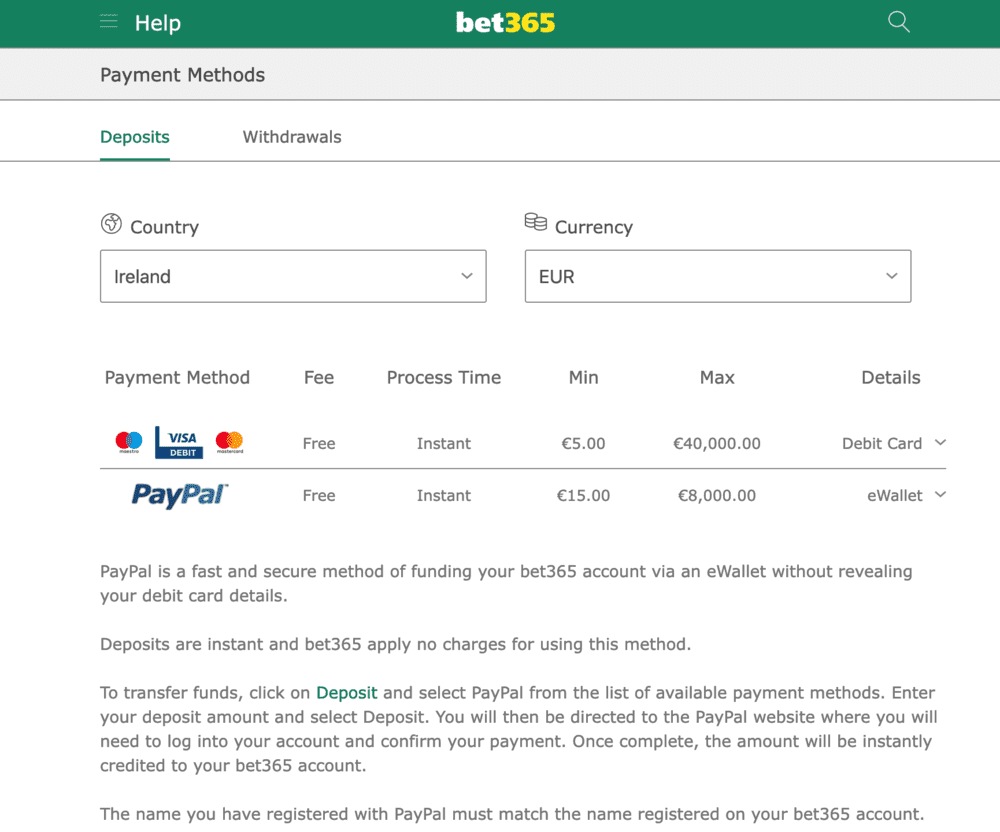 PayPal withdrawals at bet365 Casino